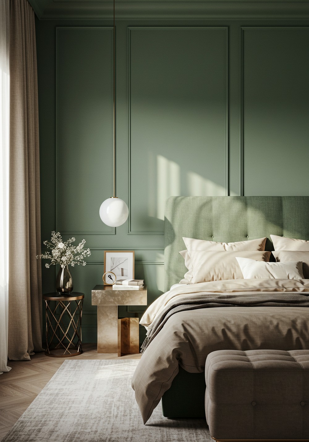 Add Metallic Accents To Elevate Your Green And Beige Bedroom