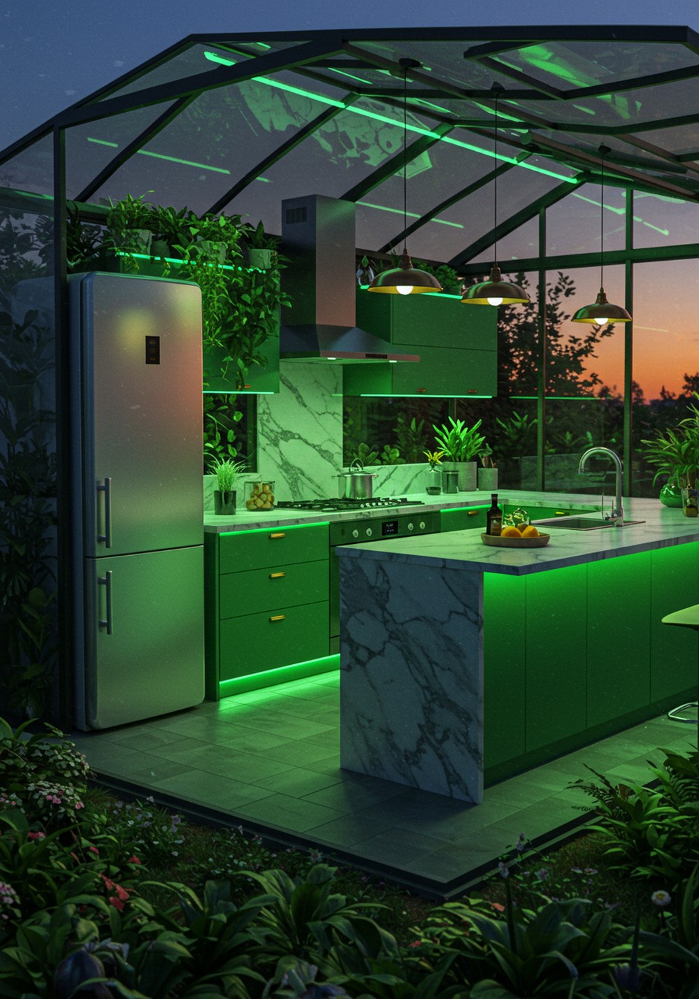 Ambient Green Lighting Ideas For Greenhouse Kitchen Design