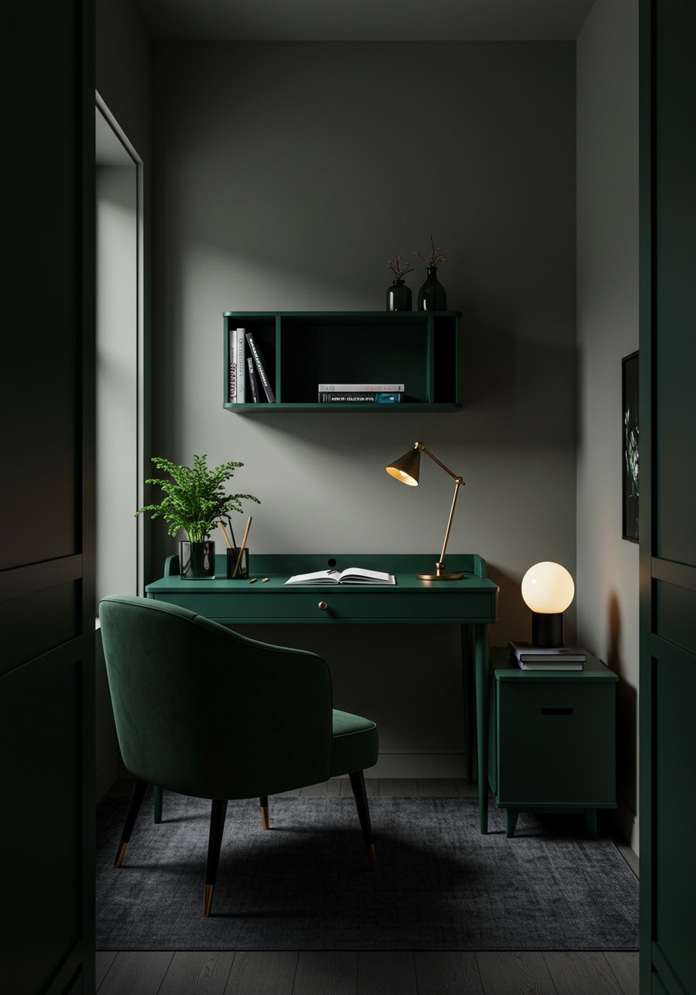 Bold And Balanced Office In Dark Emerald Hues