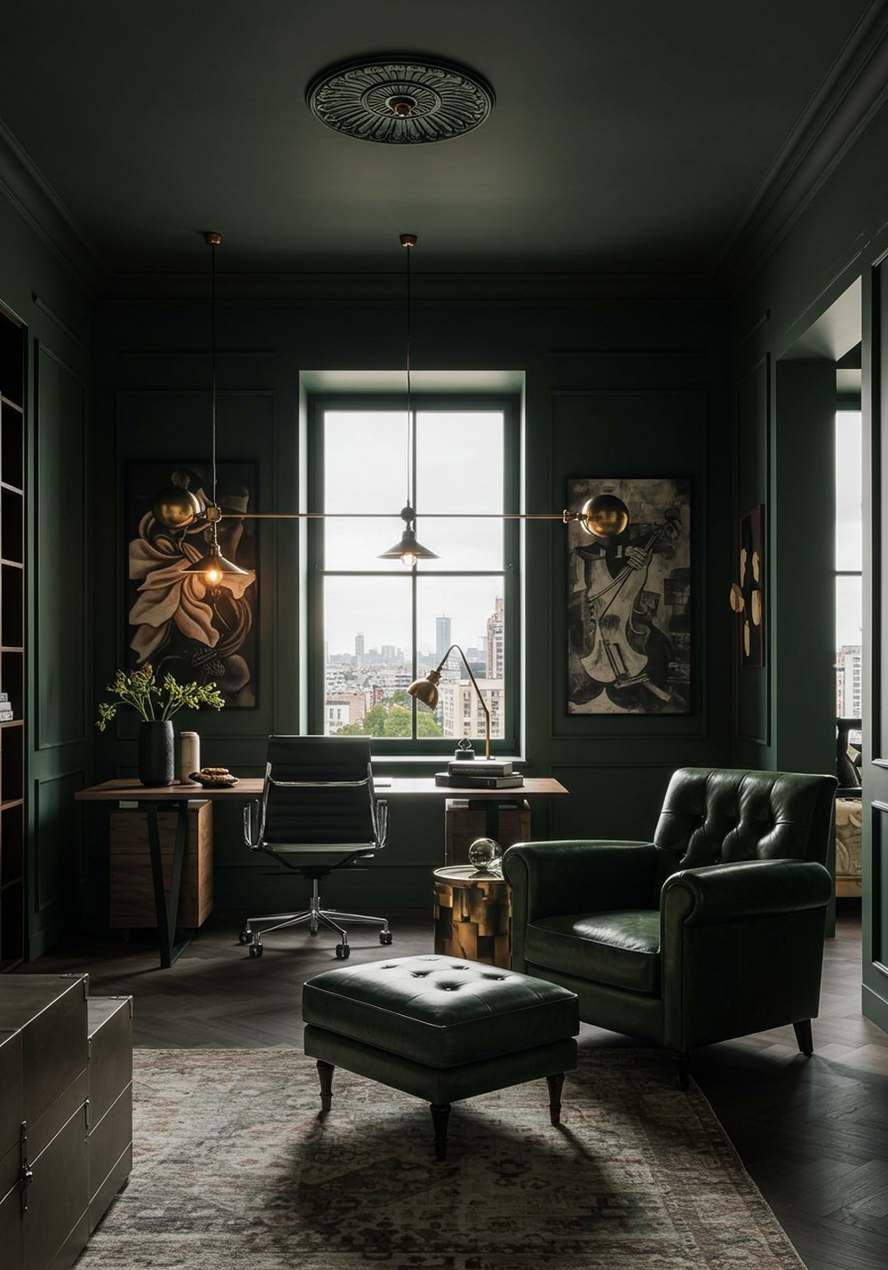 Chic And Moody Vibes In A Dark Green Office