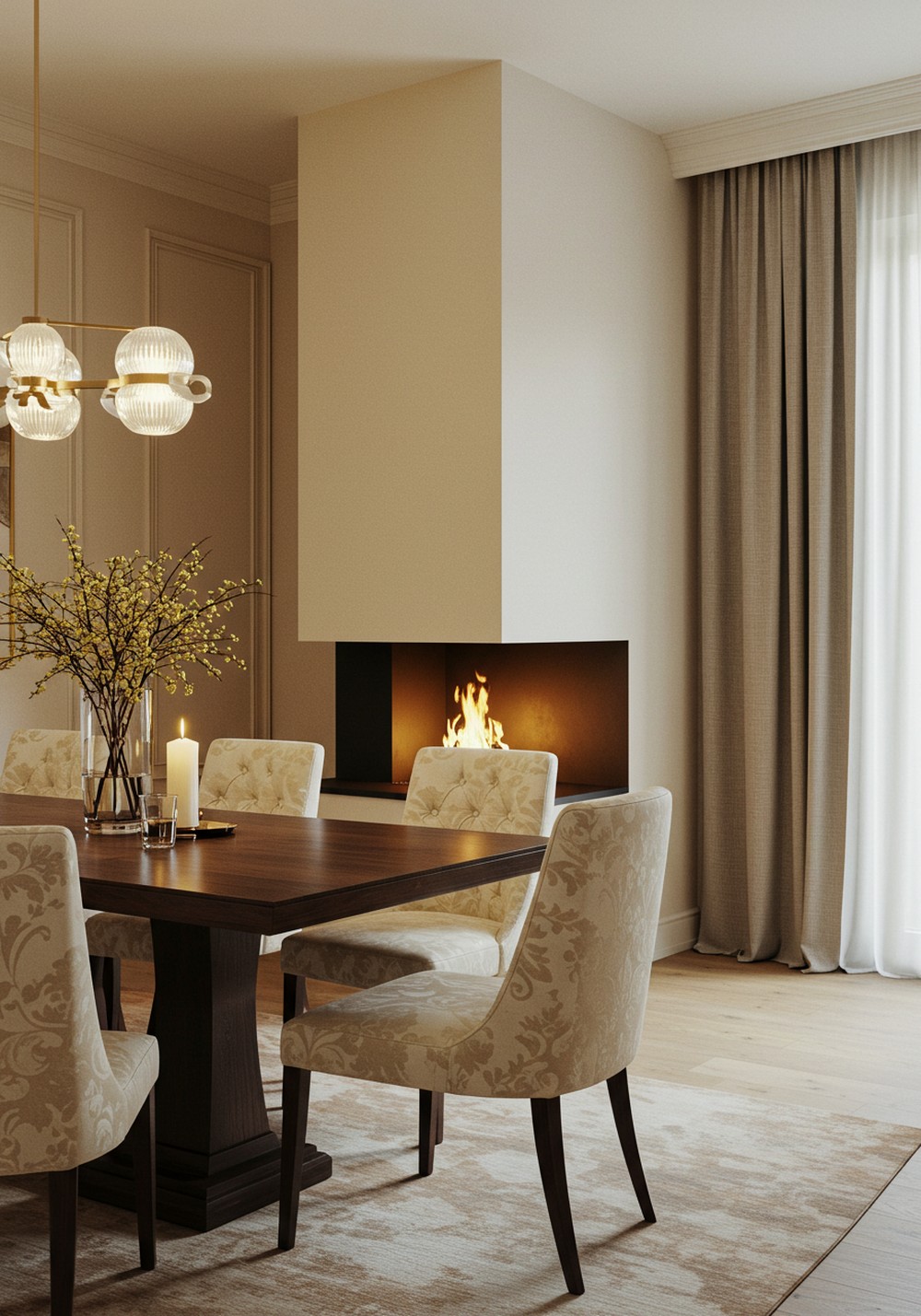 Elegant Dining Room With Integrated Fireplace Design