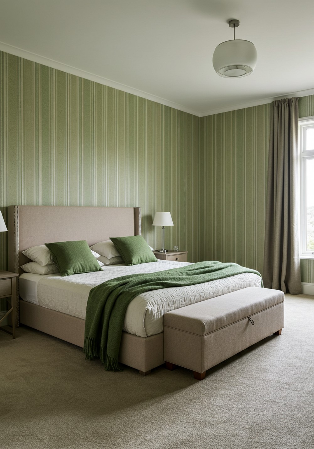 Mix Green And Beige Striped Patterns For A Bold Bedroom Look