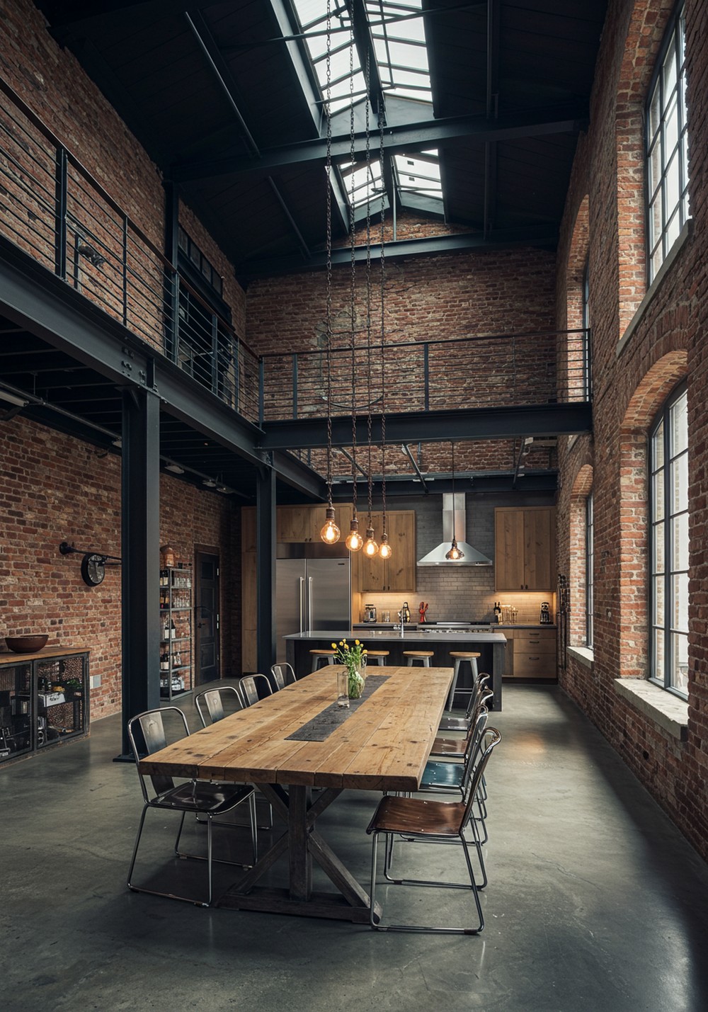 High Ceiling Open Concept Industrial Dining Room
