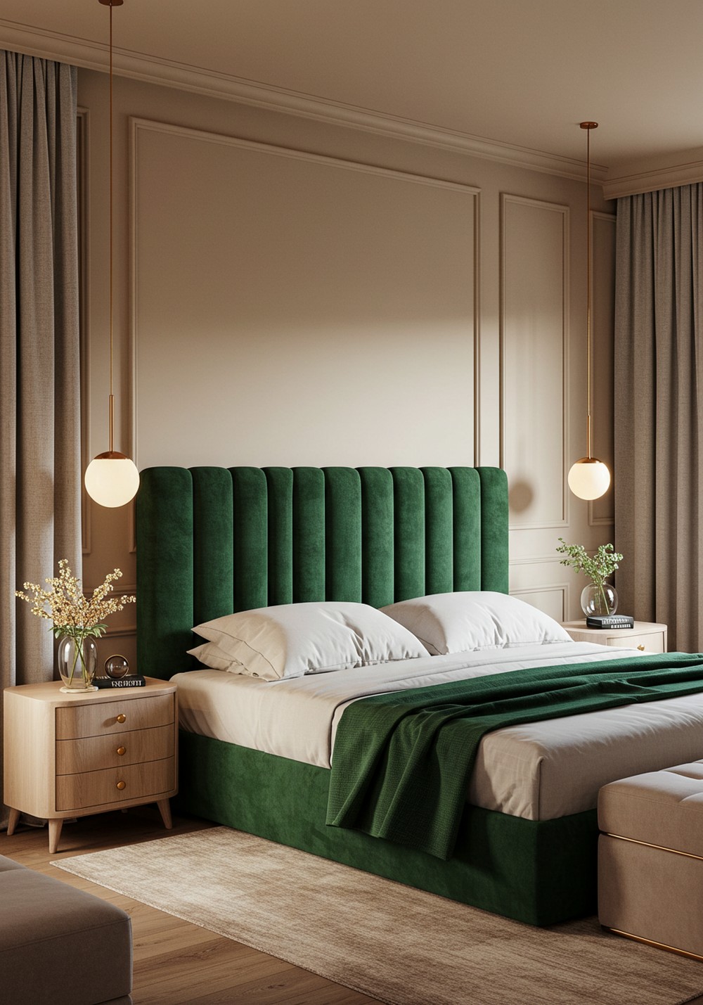 Introduce A Statement Green And Beige Headboard To Your Bedroom