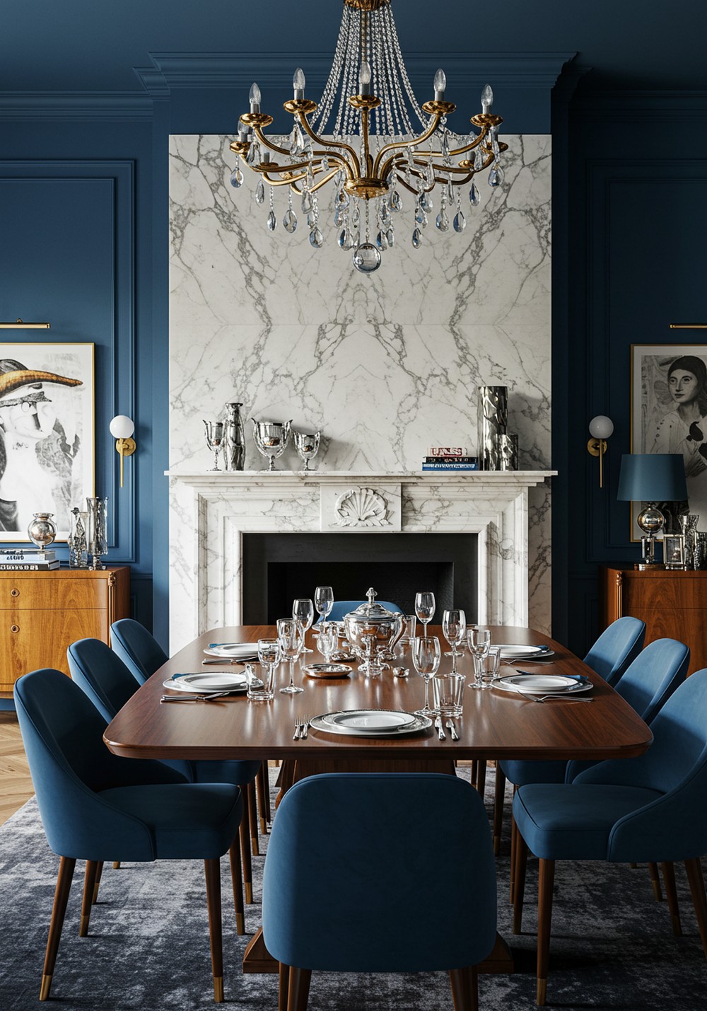 Luxe Dining Room With Stunning Marble Fireplace