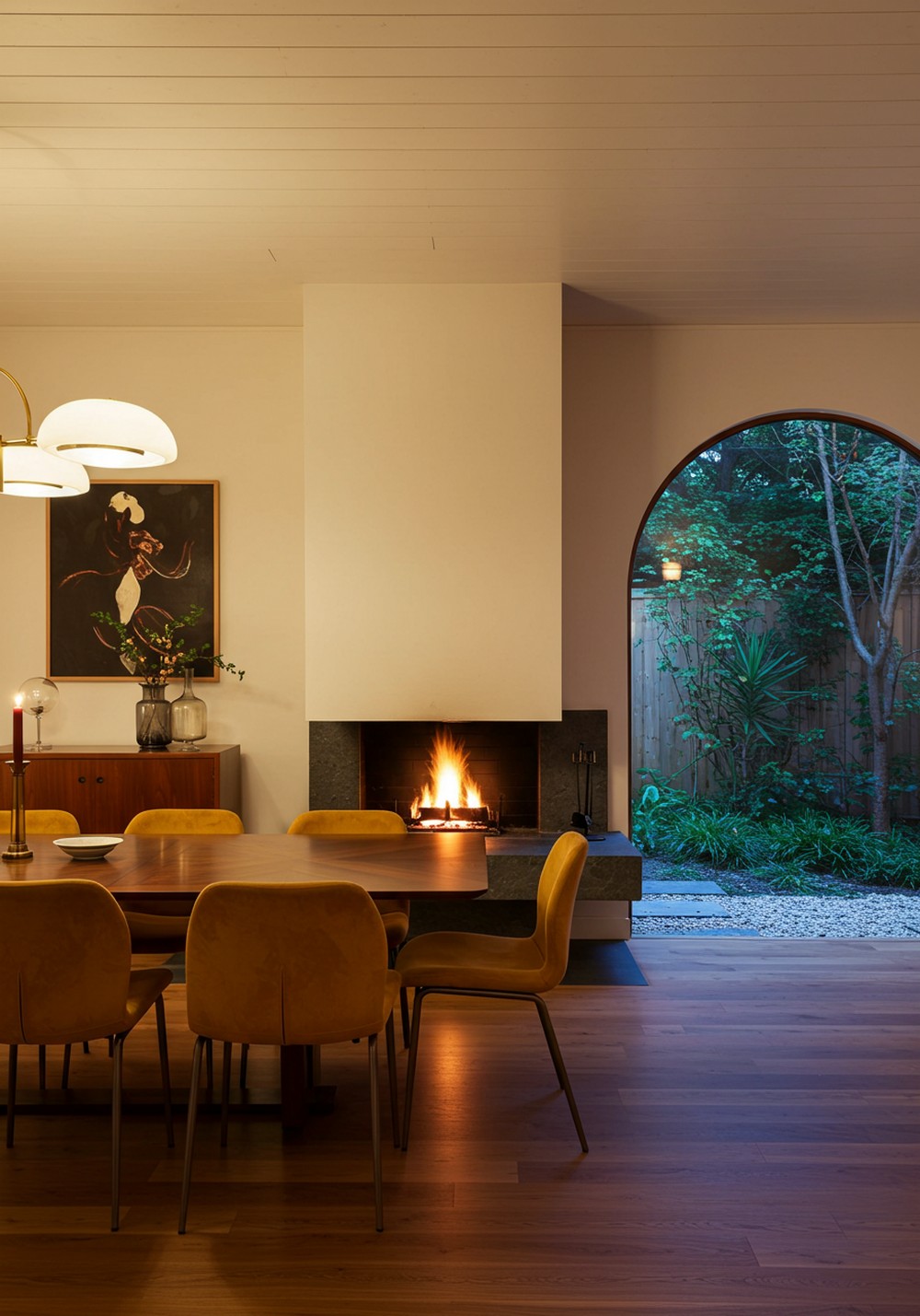 Mid-Century Modern Dining Room With Fireplace Accent