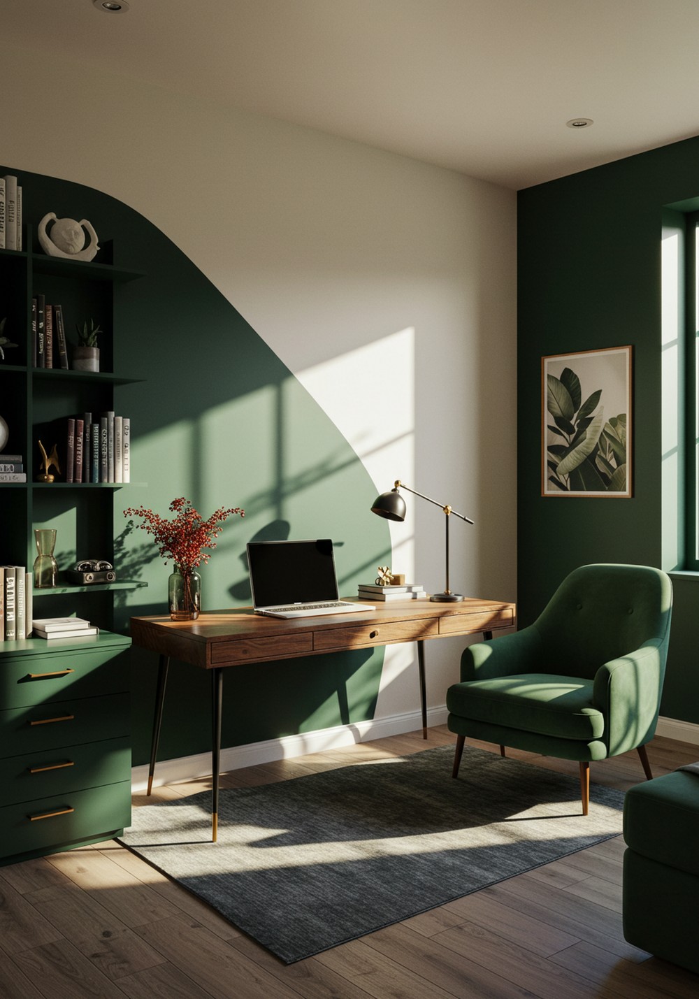 Natural Light Filled Home Office With Dark Green Accents