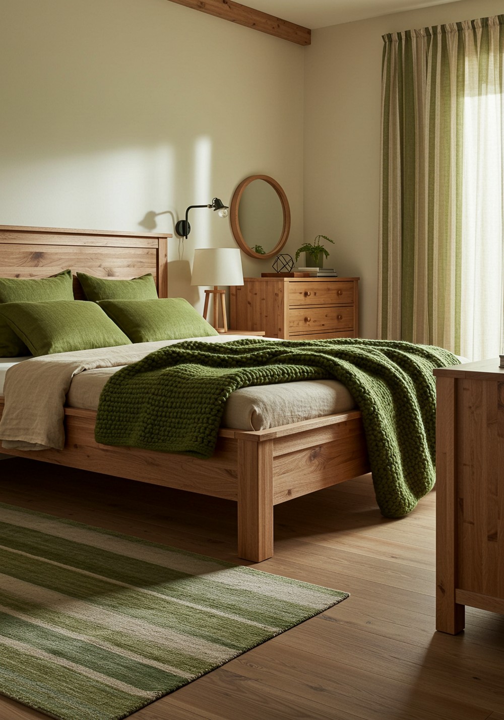 Blend Natural Wood Tones With Rich Green Textiles In The Bedroom