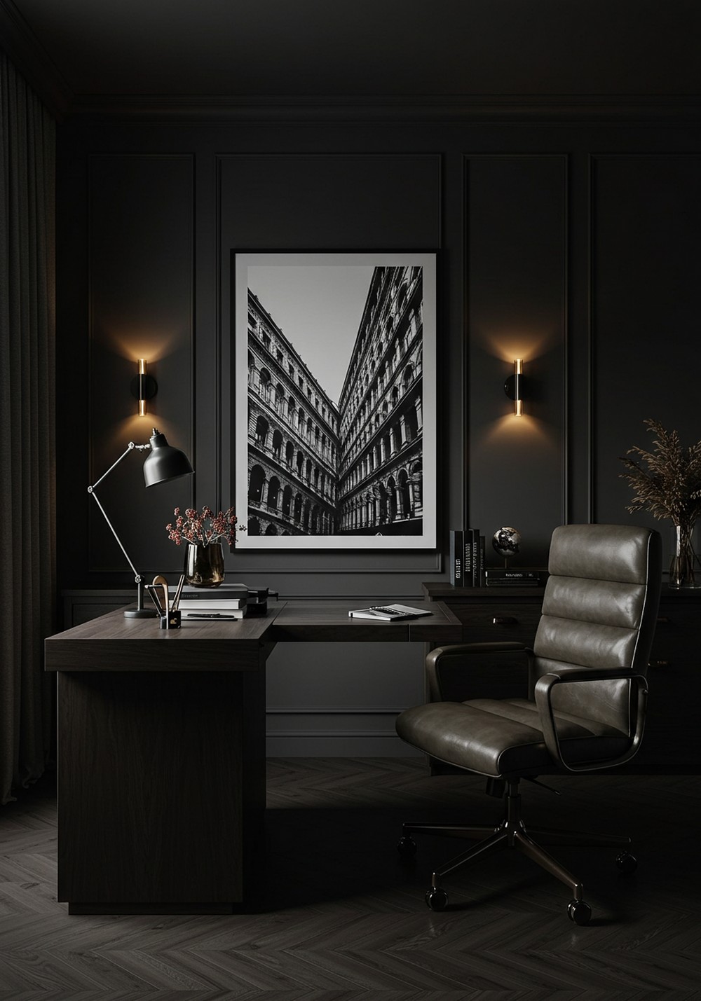 Organic Elements Meet Dark Office Chic