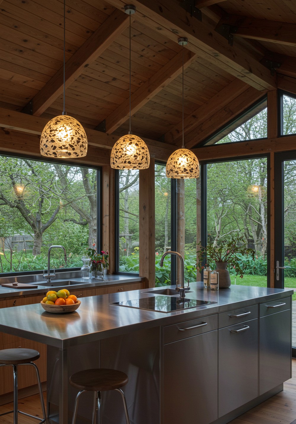 Recycled Glass Lighting Fixtures In Greenhouse Kitchen Design
