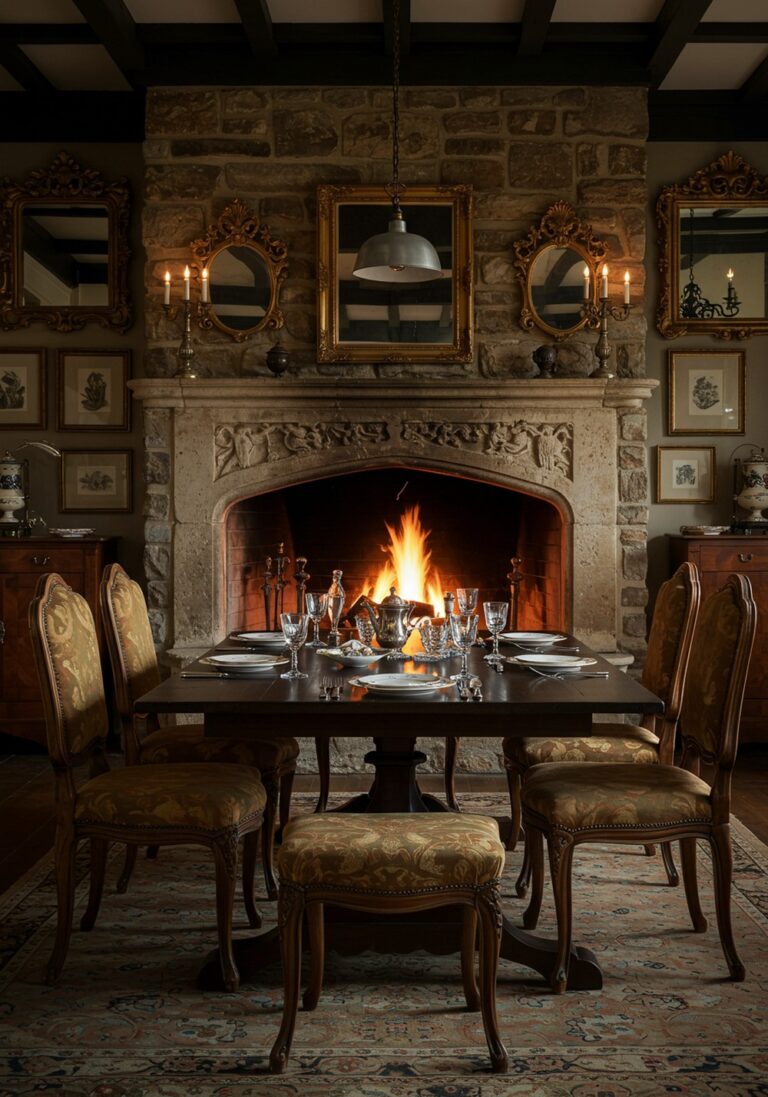 Vintage Inspired Dining Room With Fireplace Charm