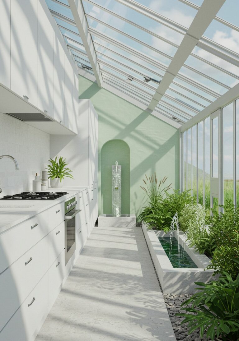 Soothing Water Feature Ideas For Greenhouse Kitchen Design