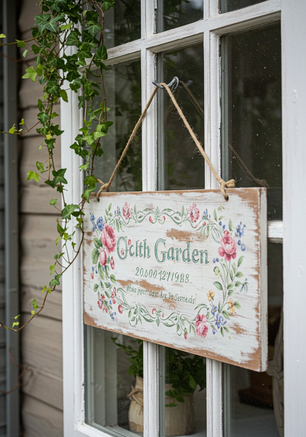 Old Window Frame Painted Charming Garden Sign